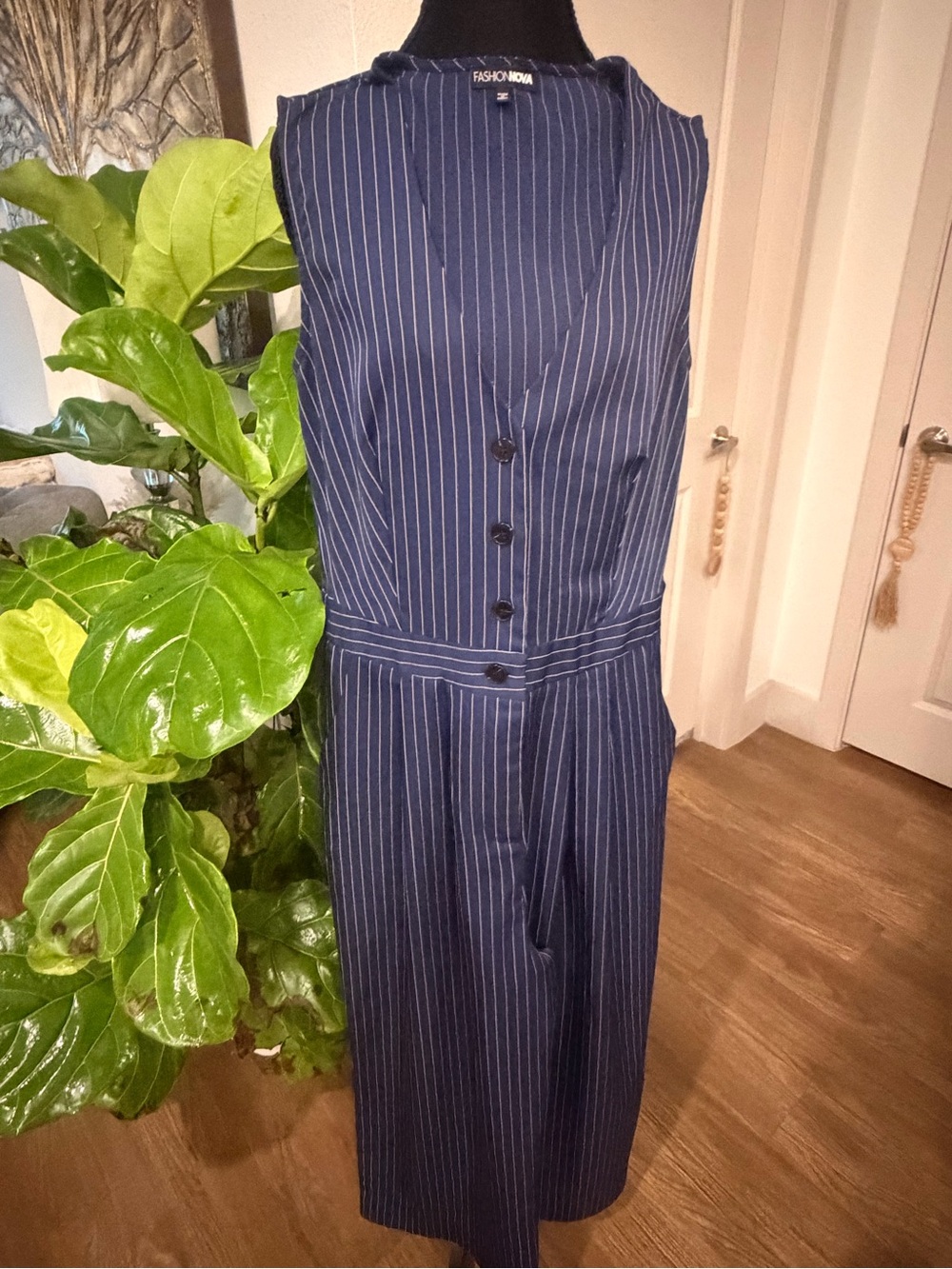 Fashion Nova Navy and White Pinstripe Sleeveless Midi Dress